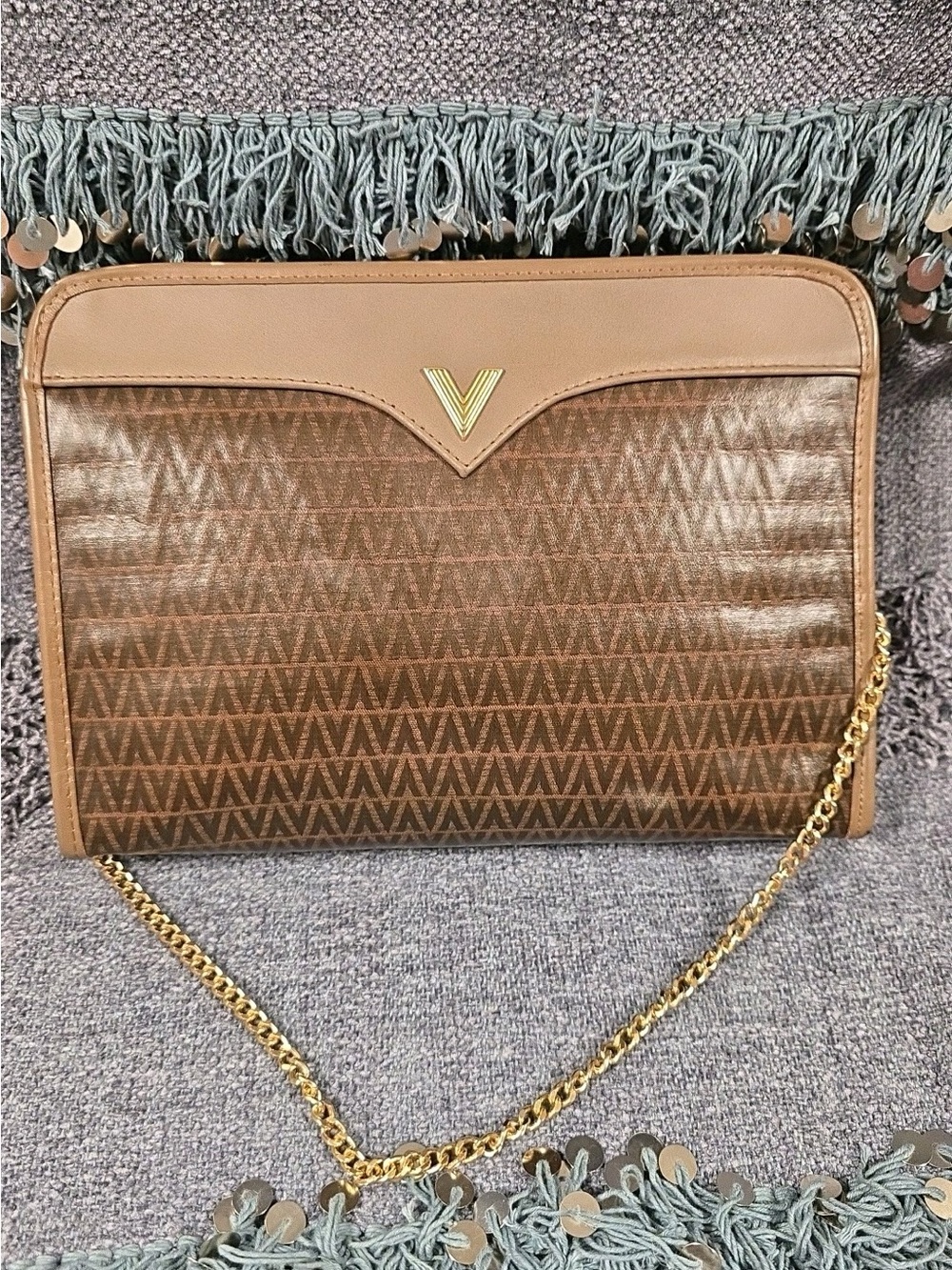 Mario Valentino Brown Leather-Trim Shoulder Bag with Gold V
